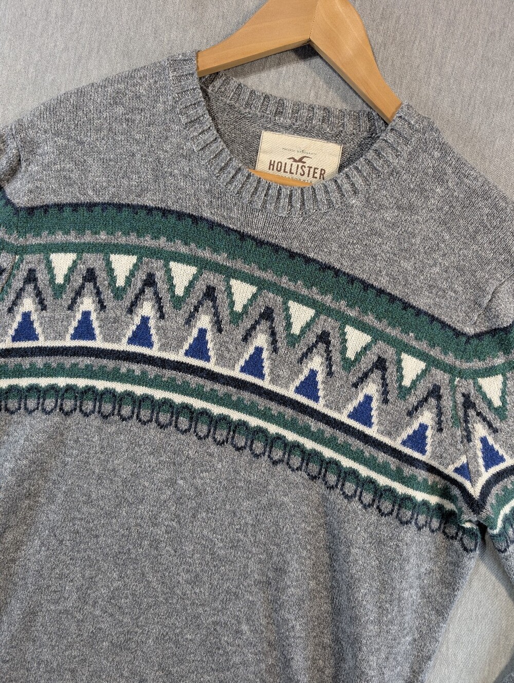 Hollister Knit Sweater Men's XL Crewneck Geometric Fair Isle Grey Green Black